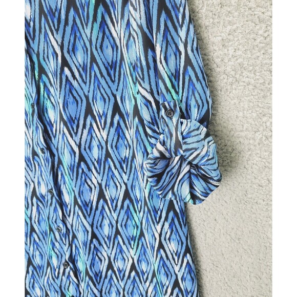 Tunic Top Womens L Blue Button Up Long Roll Tab Sleeves Collar Casual Geometric - Picture 2 of 12
